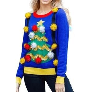 Tipsy Elves Ugly Christmas Tree Pom Sweater with Suspenders Womens Xlarge